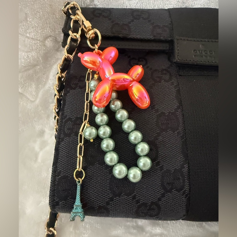 Red Balloon Dog Keychain With Green Faux Pearls & Eiffel Tower Charm - NWT
